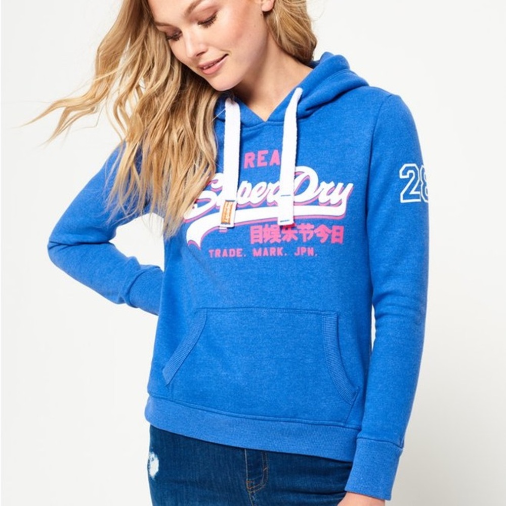 Superdry Embossed Vintage Logo‎ Hoodie Blue Women’s Sweatshirt spell out size XS